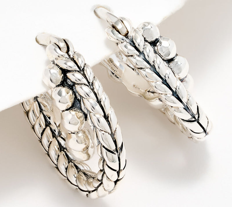 JAI Sterling Silver Hammered Bead & Basketweave 1/2" Hoops — Main view
