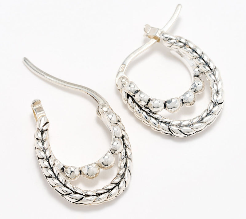 JAI Sterling Silver Hammered Bead & Basketweave 1/2" Hoops — View 2