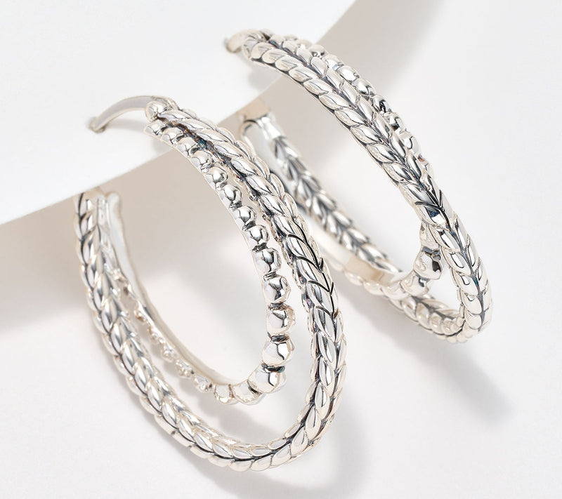 JAI Sterling Silver Hammered Bead & Basketweave 1" Hoops — Main view