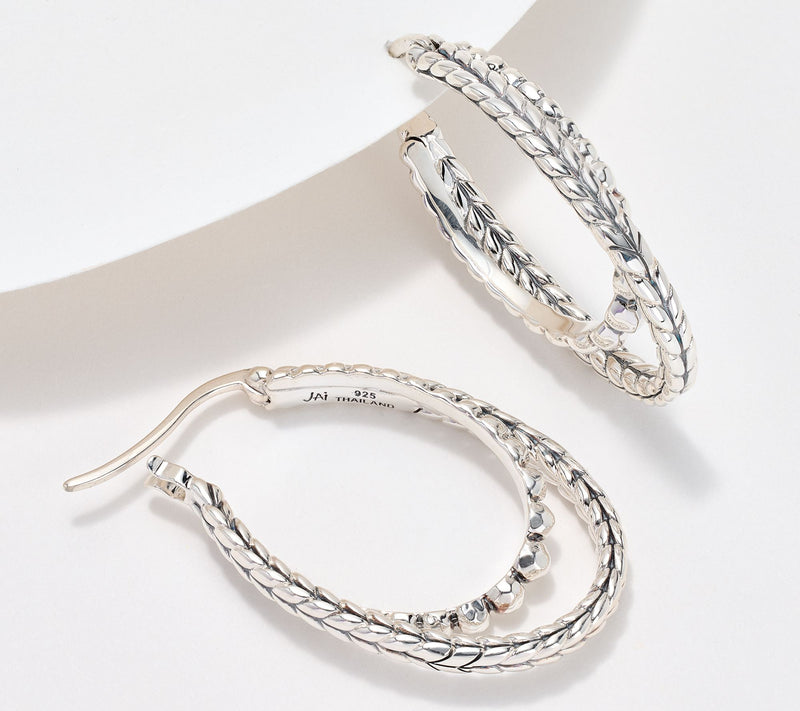 JAI Sterling Silver Hammered Bead & Basketweave 1" Hoops — View 2