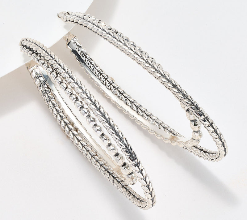 JAI Sterling Silver Hammered Bead & Basketweave 2" Hoops — Main view