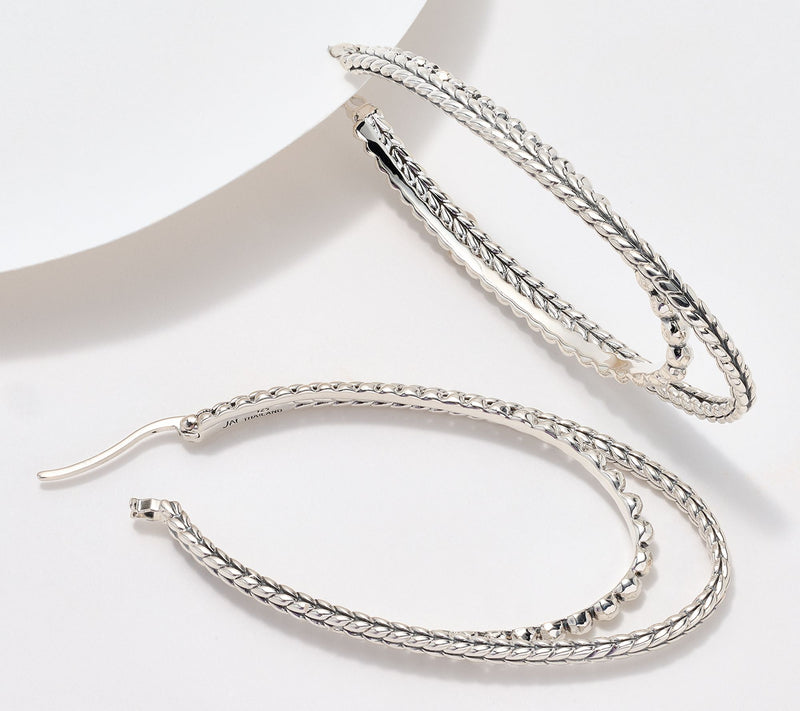 JAI Sterling Silver Hammered Bead & Basketweave 2" Hoops — View 2