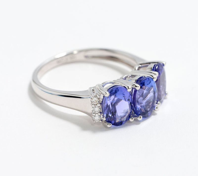 Pure Tanzanite by Jeff Moseley 3-Stone 3 cttw Ring with Diamonds, 18K W — View 2