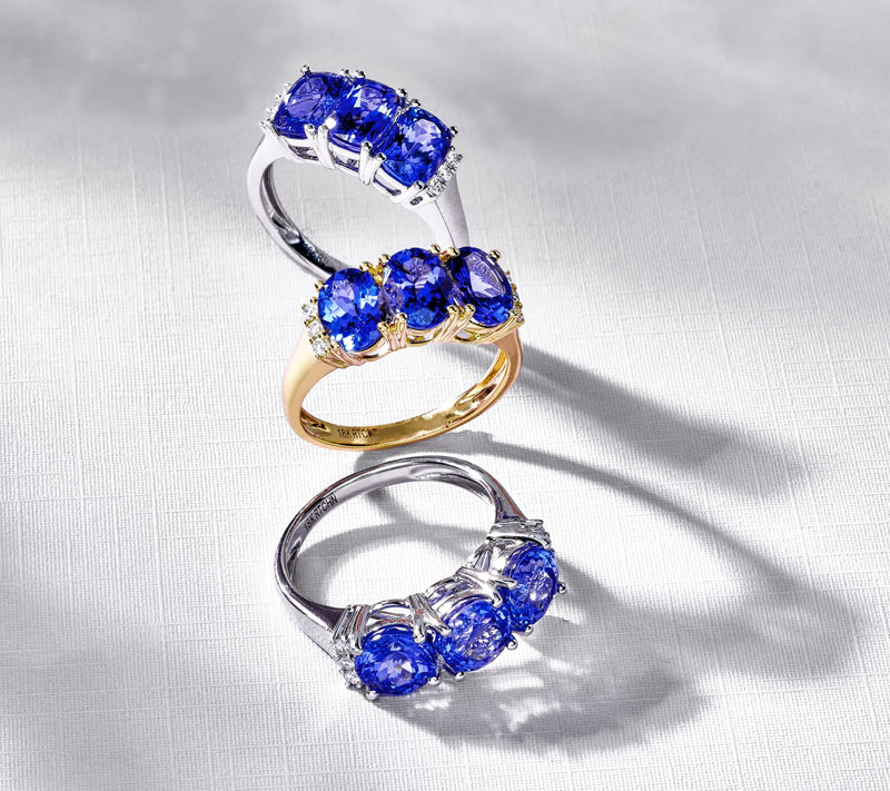 Pure Tanzanite by Jeff Moseley 3-Stone 3 cttw Ring with Diamonds, 18K Y — View 8