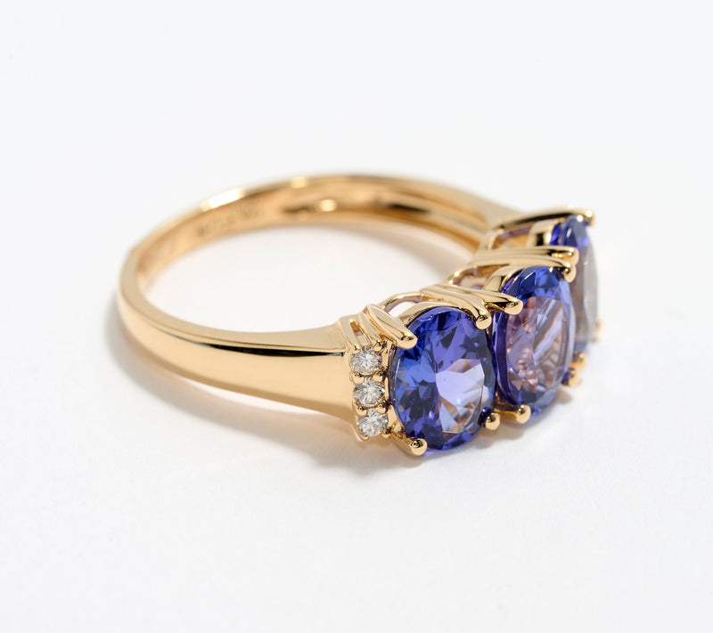 Pure Tanzanite by Jeff Moseley 3-Stone 3 cttw Ring with Diamonds, 18K Y — View 2
