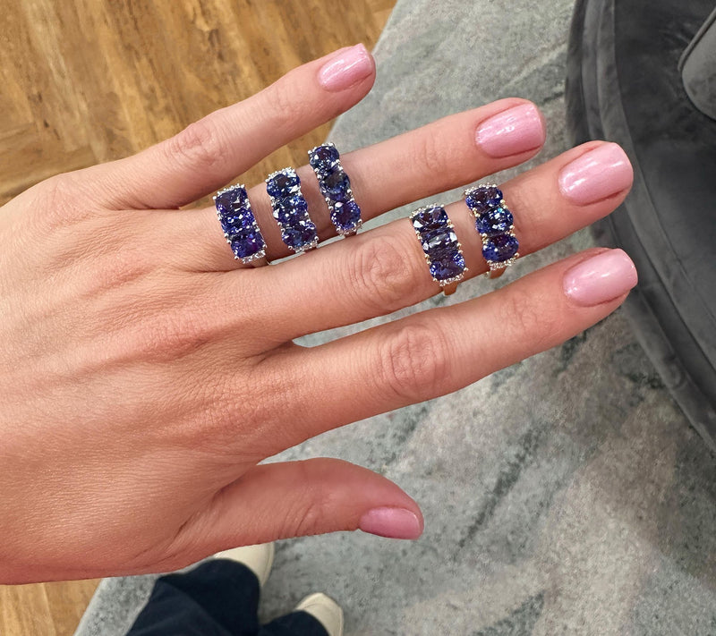 Pure Tanzanite by Jeff Moseley 3-Stone 3 cttw Ring with Diamonds, 18K Y — View 4