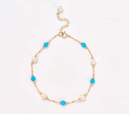 Effy Turquoise & Freshwater Pearl Bracelet, 14K Yellow Gold