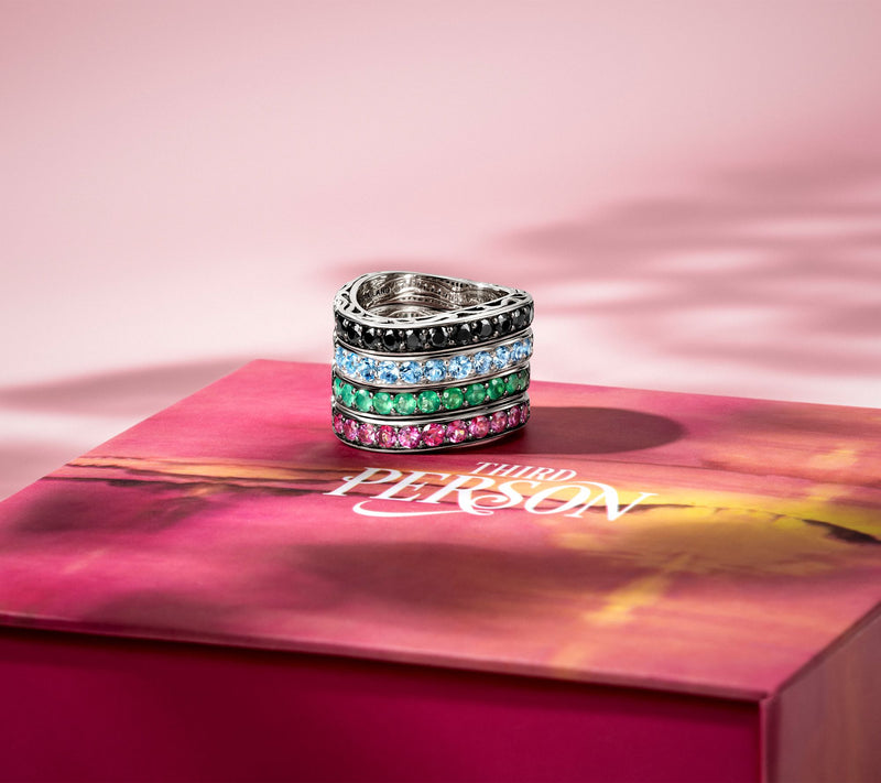 Third Person Sterling Silver Pave Gemstone Swirl Band Ring — View 14