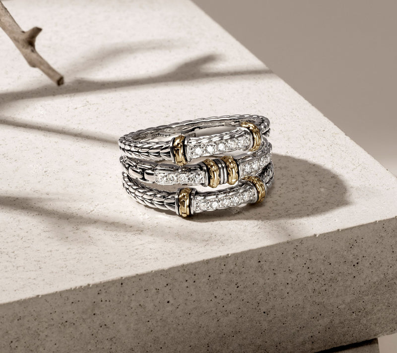 JAI 14K Gold & Sterling Silver Diamond Triple Row Ring — View 4