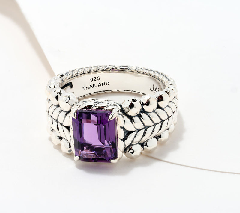 JAI Sterling Silver Emerald Cut Gemstone Bead Ring — View 15