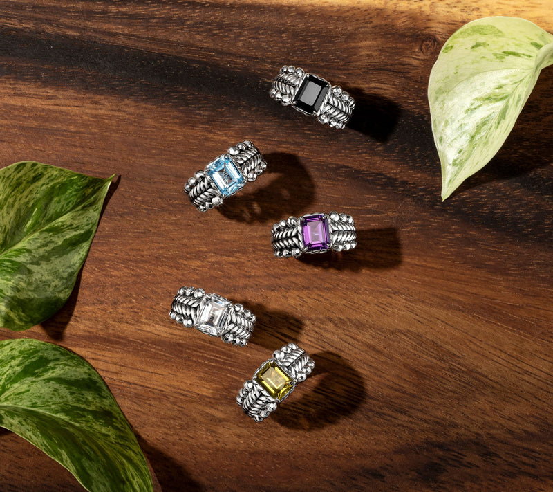 JAI Sterling Silver Emerald Cut Gemstone Bead Ring — View 7