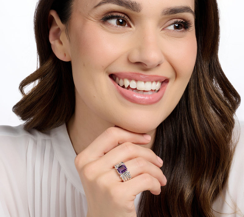JAI Sterling Silver Emerald Cut Gemstone Bead Ring — View 9