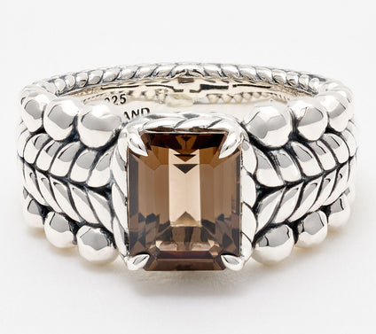 JAI Sterling Silver Emerald Cut Gemstone Bead Ring