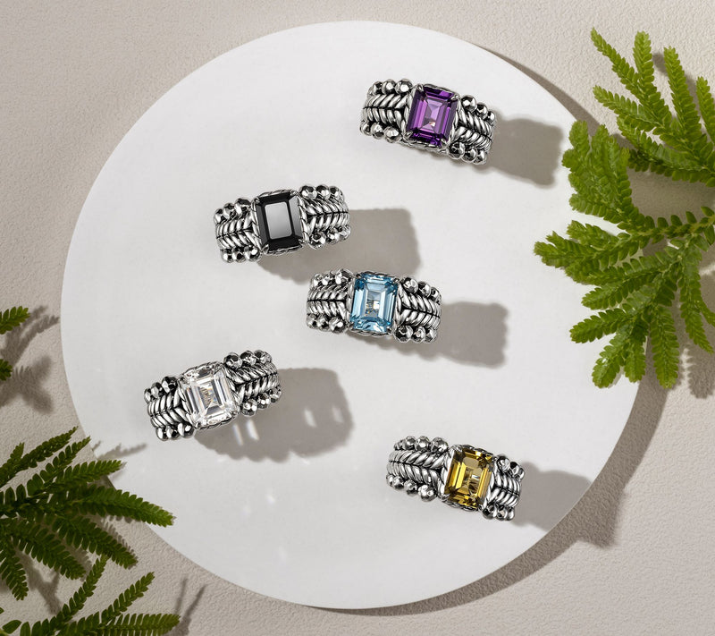 JAI Sterling Silver Emerald Cut Gemstone Bead Ring — View 6