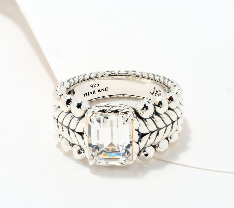 JAI Sterling Silver Emerald Cut Gemstone Bead Ring — View 16