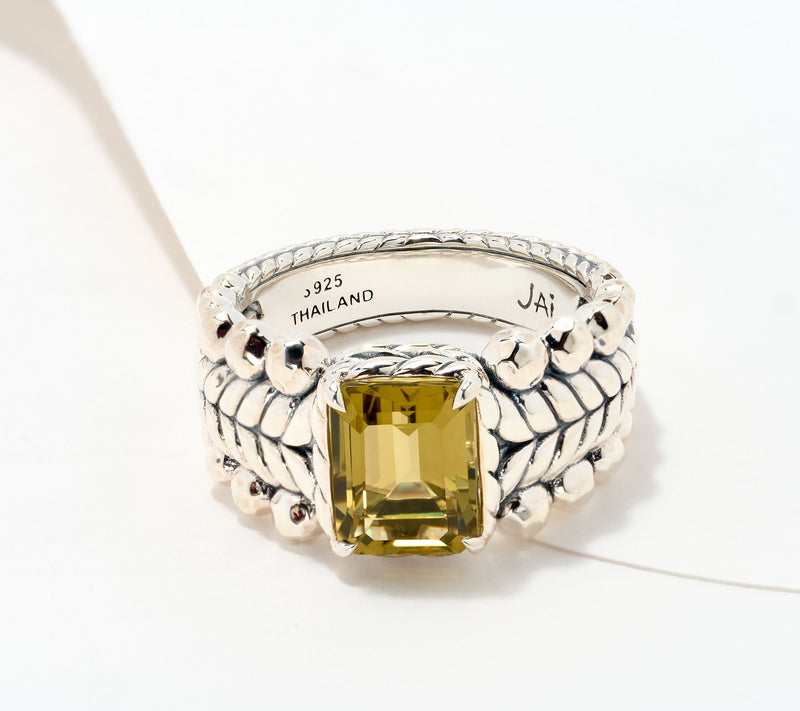 JAI Sterling Silver Emerald Cut Gemstone Bead Ring — View 17