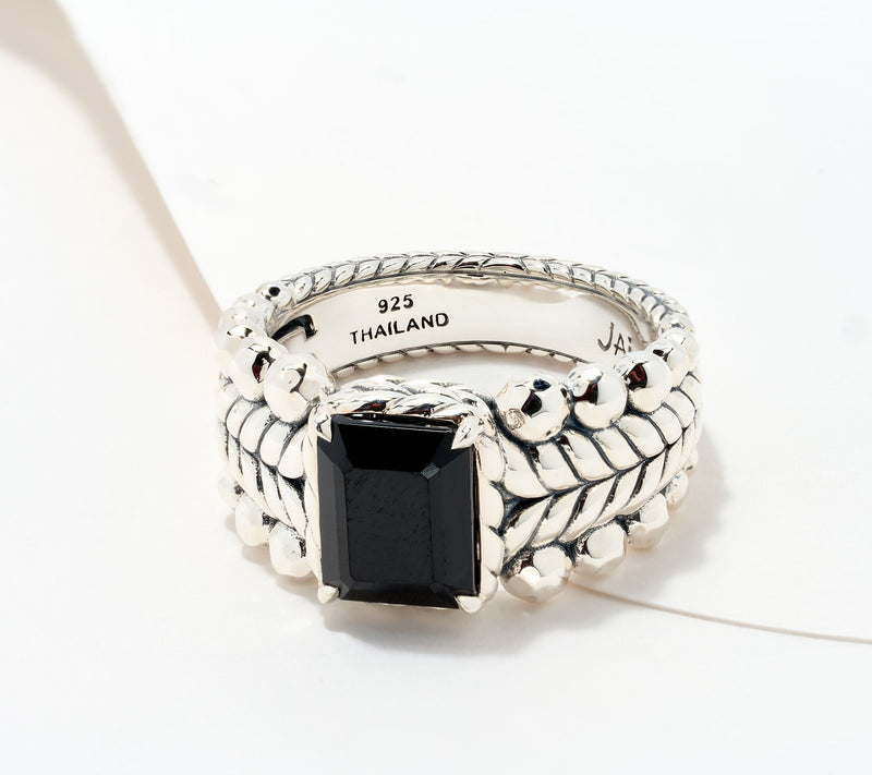 JAI Sterling Silver Emerald Cut Gemstone Bead Ring — View 19