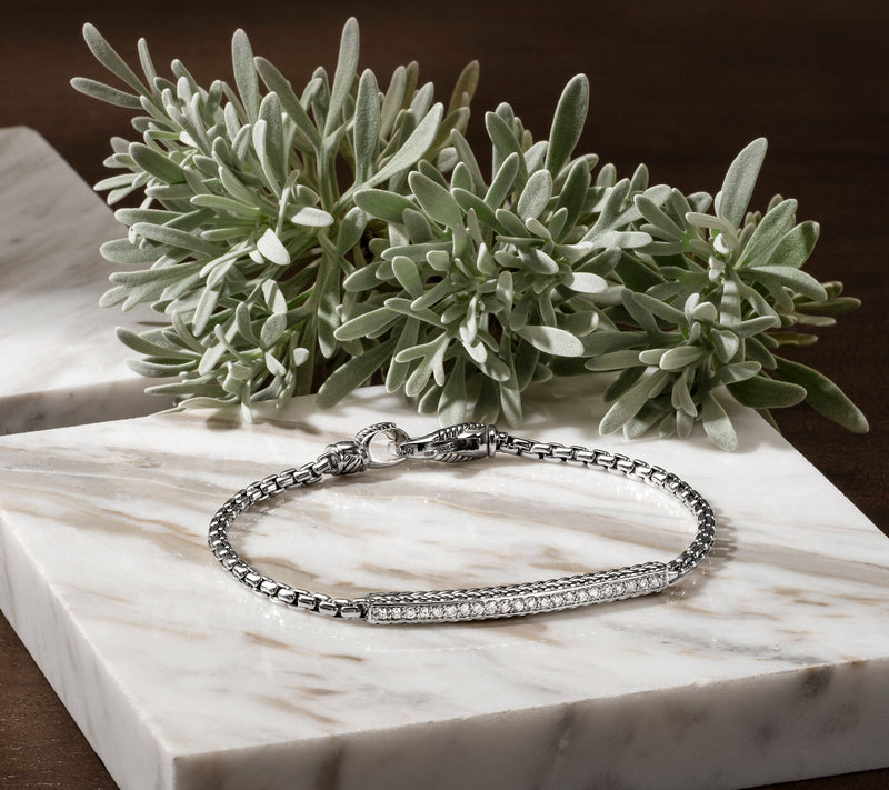 JAI Sterling Silver Diamond Station Linear Box Chain Bracelet — View 3