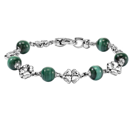 JAI Sterling Silver Clover & Malachite Bead  Bracelet