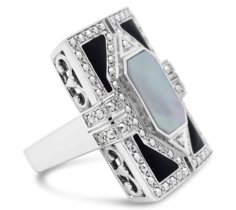Dallas Prince Sterling Chrome Marcasite & Mother of Pearl Ring — View 2