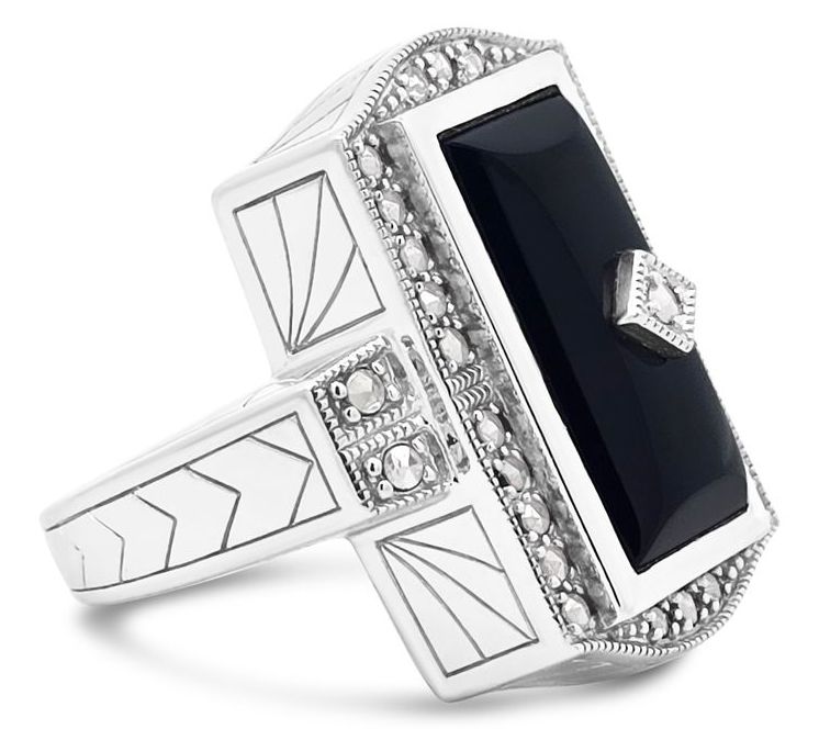 Dallas Prince Sterling Marcasite Onyx Deco Architect Ring — View 2