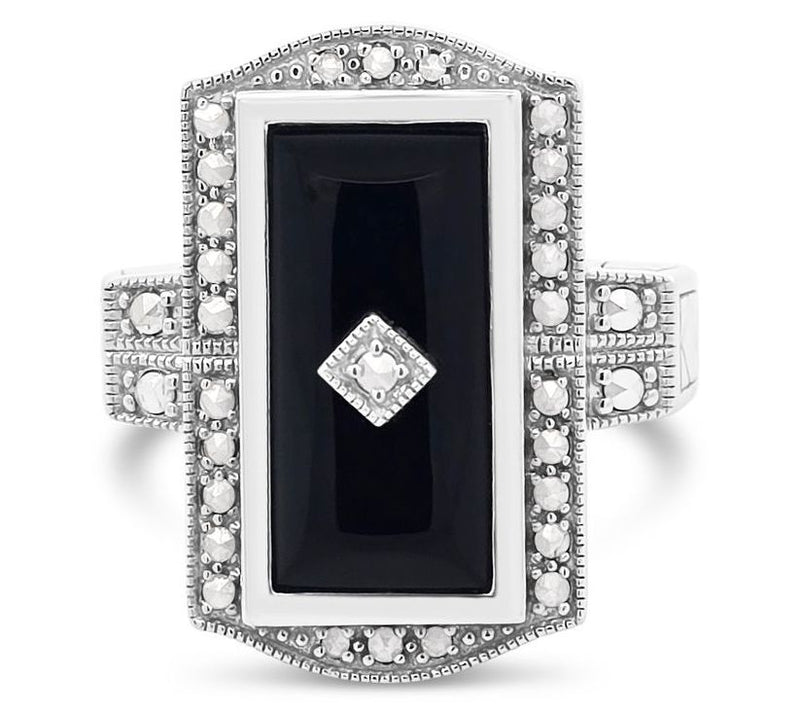 Dallas Prince Sterling Marcasite Onyx Deco Architect Ring — Main view