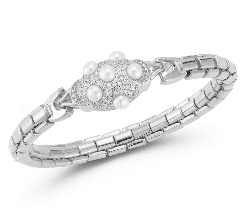 Italian Silver Cultured Pearl Box Chain Bangle,Sterling — View 7