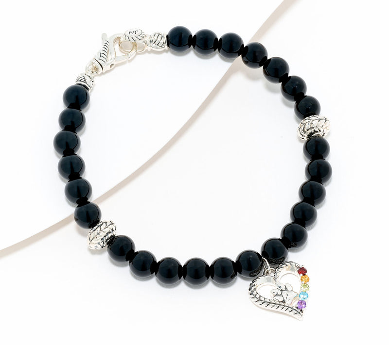 JAI Sterling Silver Onyx Bead Rainbow Bridge Charm Bracelet — Main view