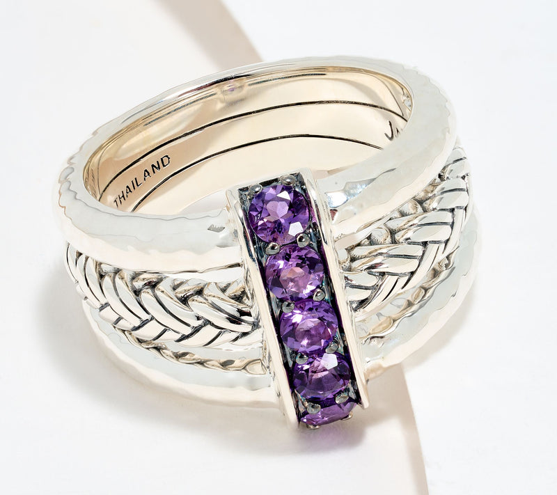 JAI Sterling Silver Legacy Woven Texture Pave Gemstone Ring — View 7