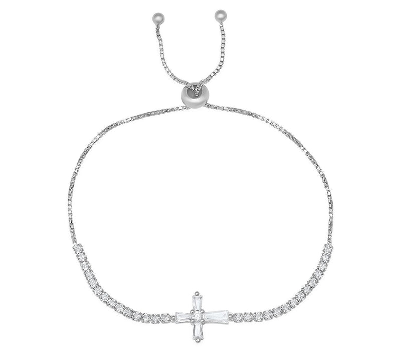 Diamonique Baguette Cut Cross Adjustable Bracelet, Sterling — View 4