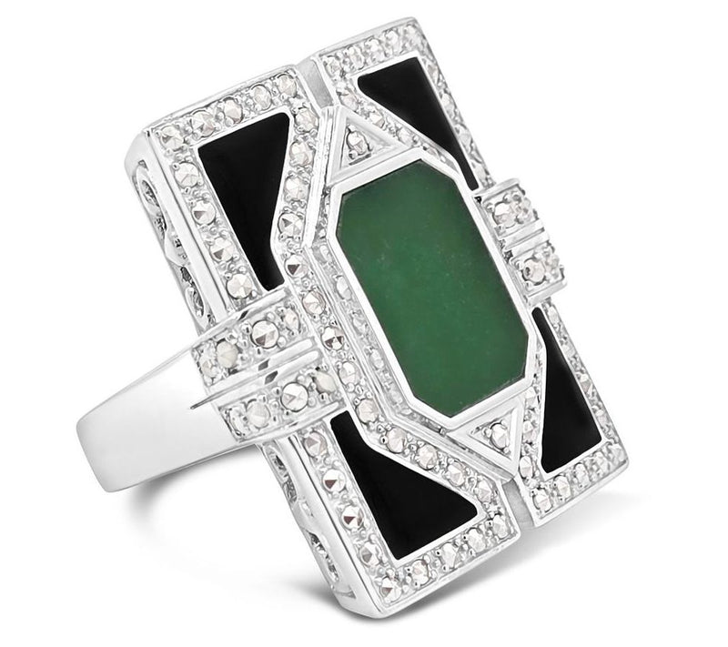 Dallas Prince Sterling Chrome Marcasite, Onyx &Jade Deco Ring — View 2