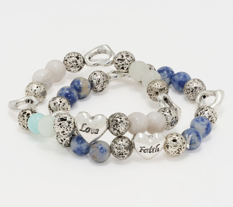 Zorbitz Set of 2 Lava & Gemstone Bead Heart Charm Bracelets — View 7
