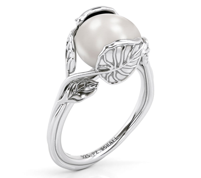 Or Paz Sterling Silver Cultured Pearl Leaf Design Ring — View 2