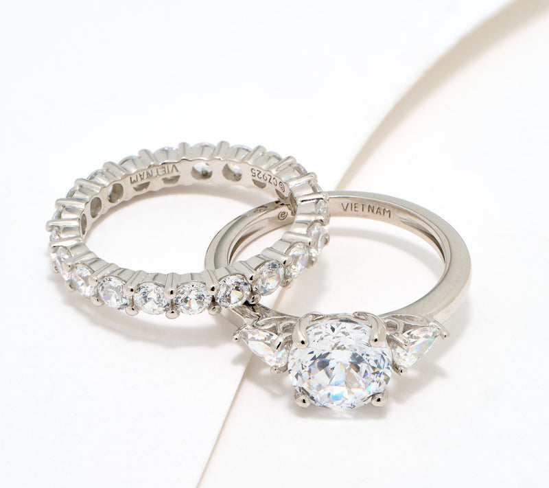 Diamonique Classics Round Cut Ring Stack, Sterling Silver — Main view