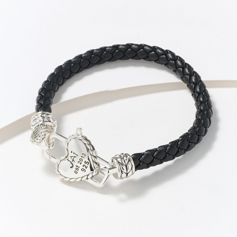 JAI Sterling Silver Heart Lock Leather Tag Bracelet, 10.0g — View 3