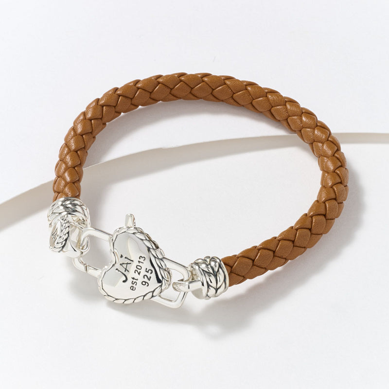 JAI Sterling Silver Heart Lock Leather Tag Bracelet, 10.0g — View 5