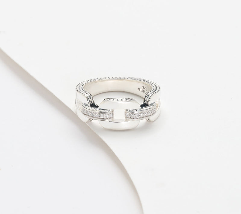 JAI Sterling Silver Pave Diamond Link Ring — Main view