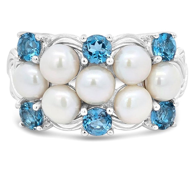 Ariva Sterling Silver Cultured Pearl & Blue Topaz Newport Ring — Main view
