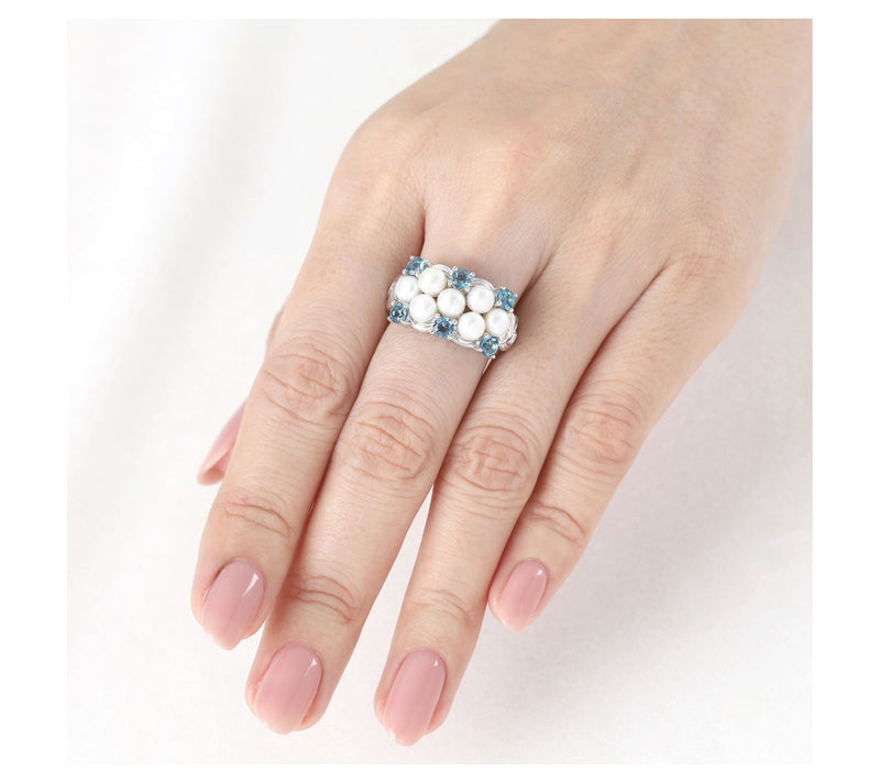 Ariva Sterling Silver Cultured Pearl & Blue Topaz Newport Ring — View 5
