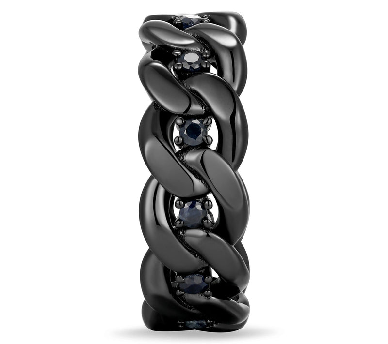 Men's Gunmetal Sterling Silver Black Sapphire Link Band Ring — View 5