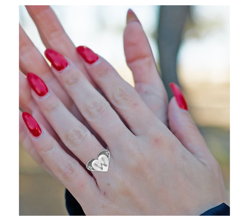 Heights Jewelers Sterling Silver Heart Signet Initial Ring — View 3