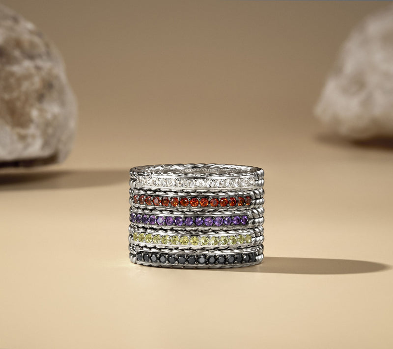 JAI Sterling Silver Pave Gemstone Basketweave Ring — View 17