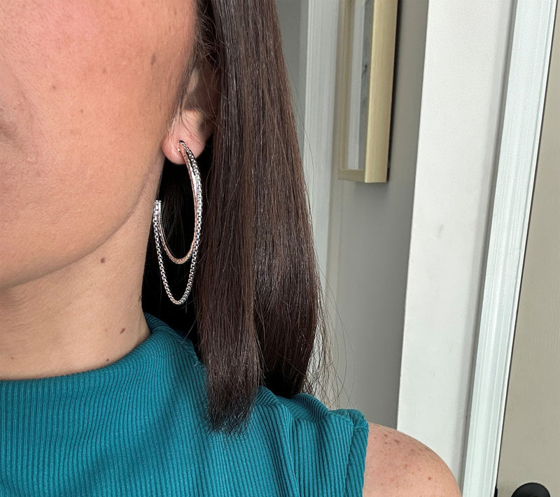 JAI Sterling Silver 2-1/2" Hammered Box Chain Hoop Earrings — View 4