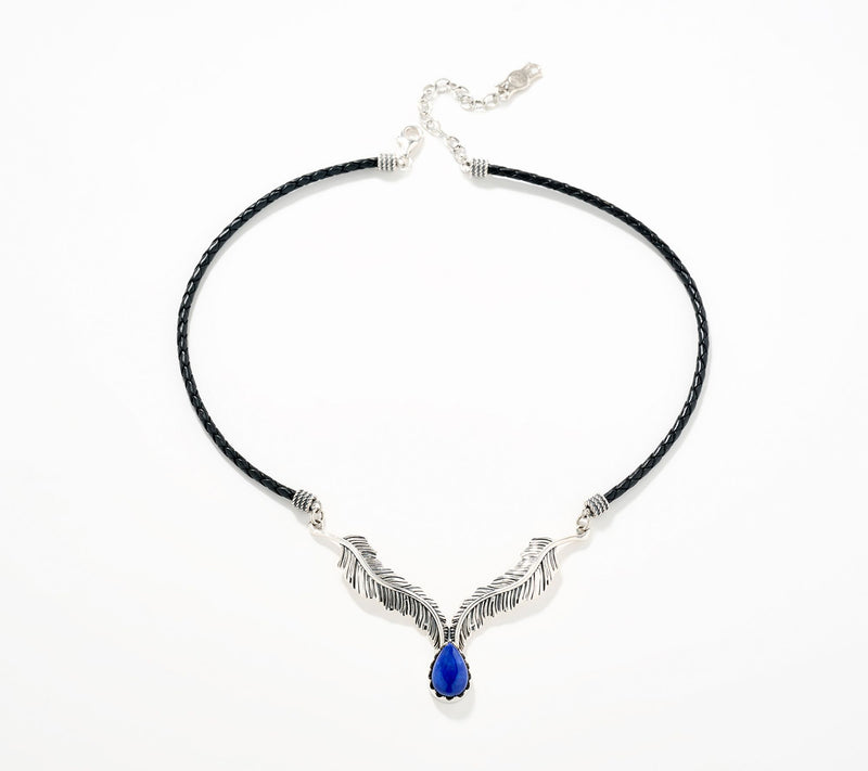 American West Sterl Feather Gemstone Leather Necklace — View 2