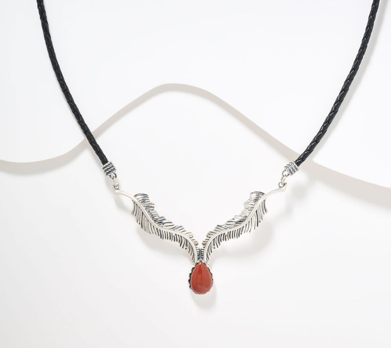 American West Sterl Feather Gemstone Leather Necklace — View 13