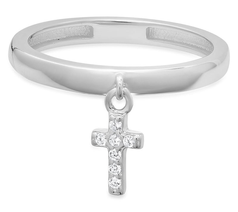 Diamonique Dangling Cross Band Ring, Sterling Silver — View 4