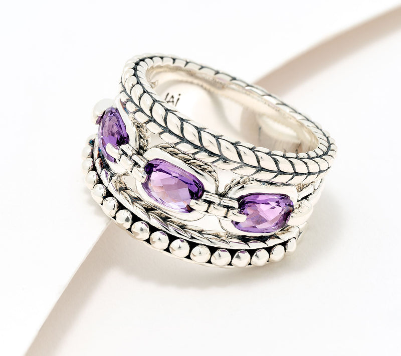 JAI Sterling Silver Oval Gemstone Triple Band Ring — View 11