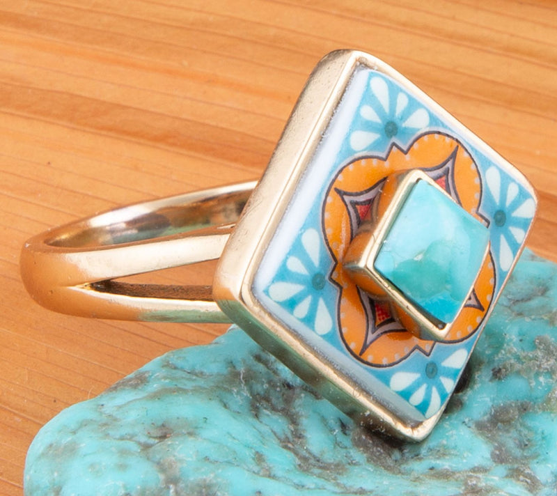 Barse Artisan Crafted Blue Turquoise Golden Tile Ring — View 3