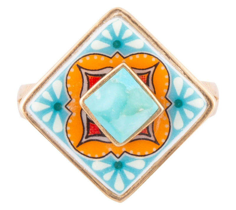 Barse Artisan Crafted Blue Turquoise Golden Tile Ring — View 2