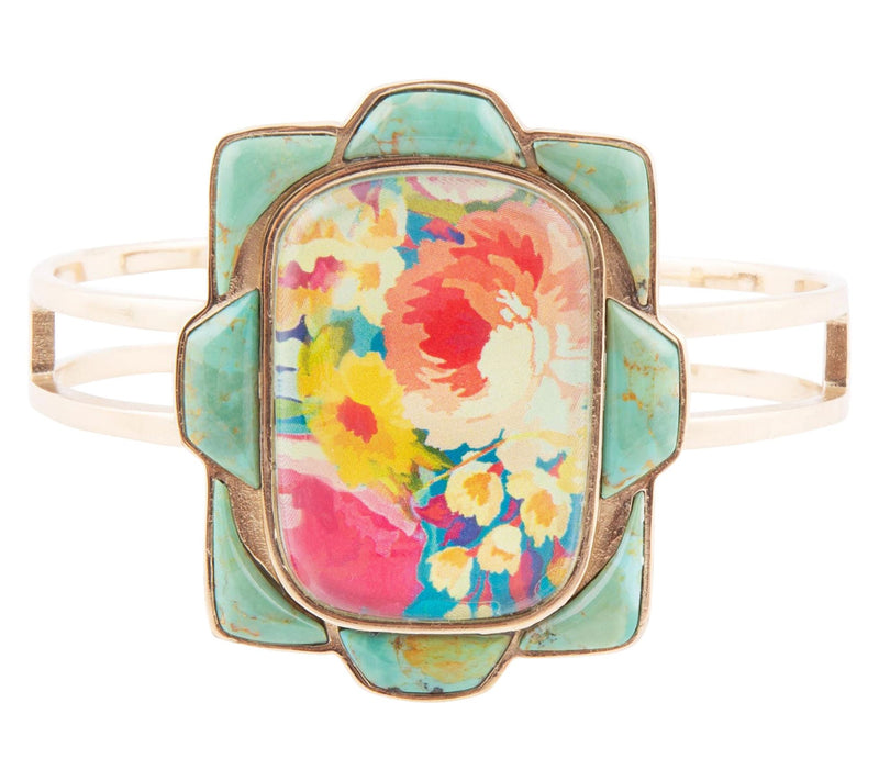Barse Artisan Crafted Scenic Floral Turquoise Cuff Bracelet — View 2